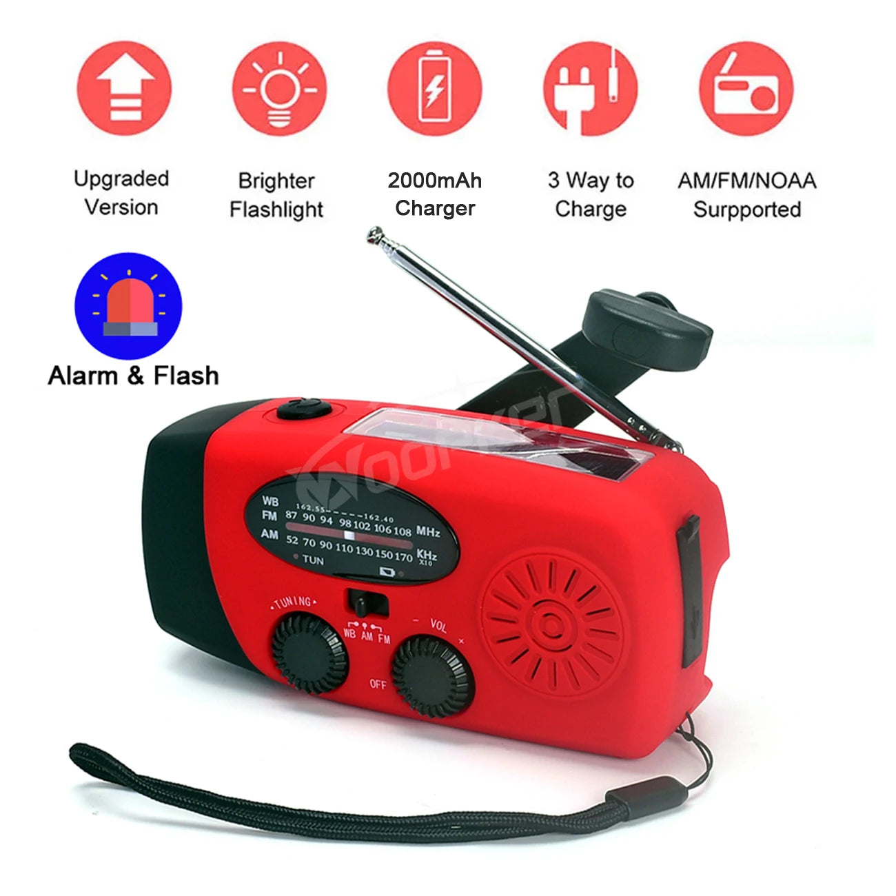 Woopker E04 Upgrade Solar Hand Crank Radio with Emergency Flashlight / Radio solaire a manivelle avec lampe d'urgence